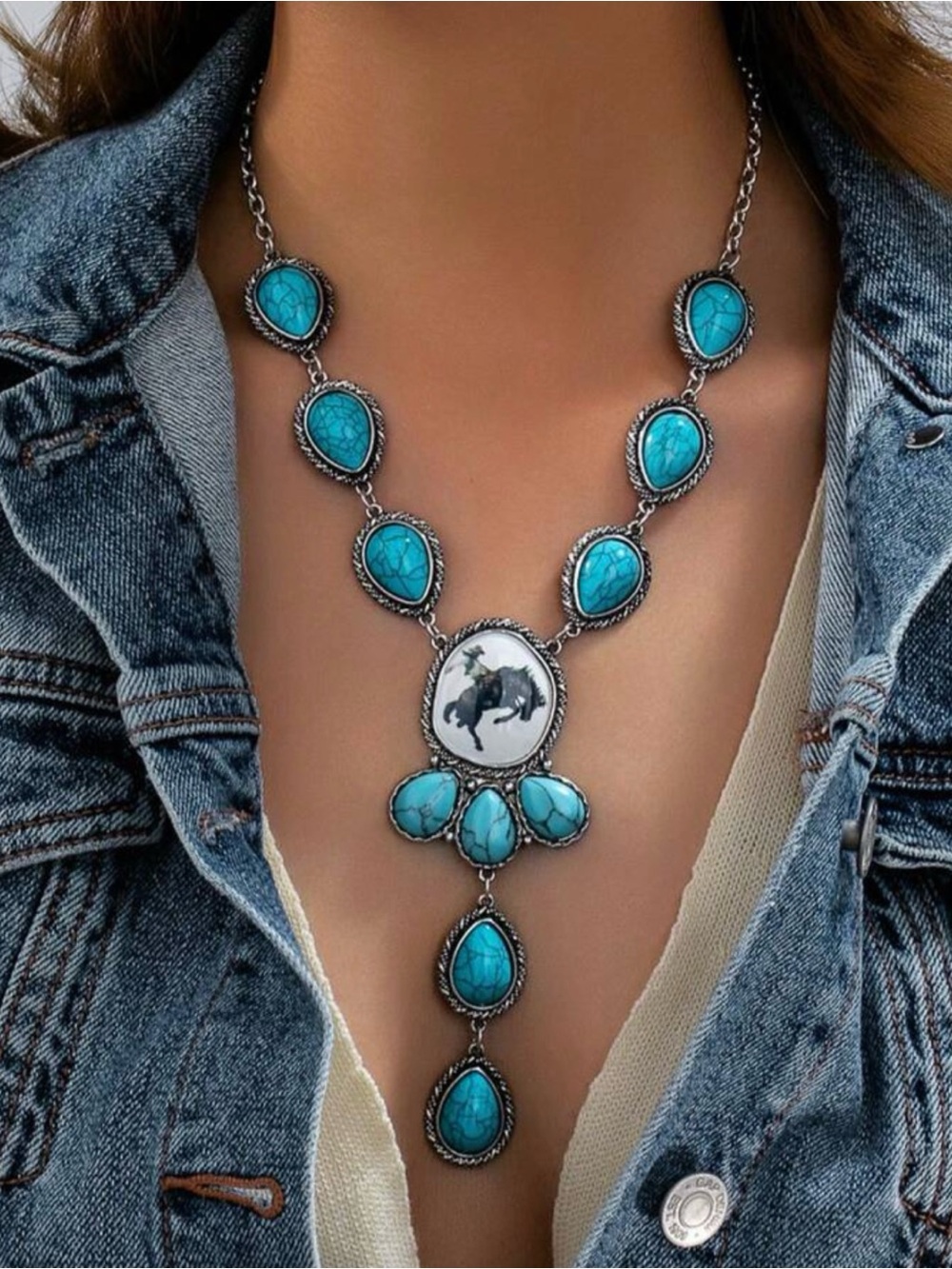 Turquoise Teardrop Western Statement Necklace - Women Jewelry
